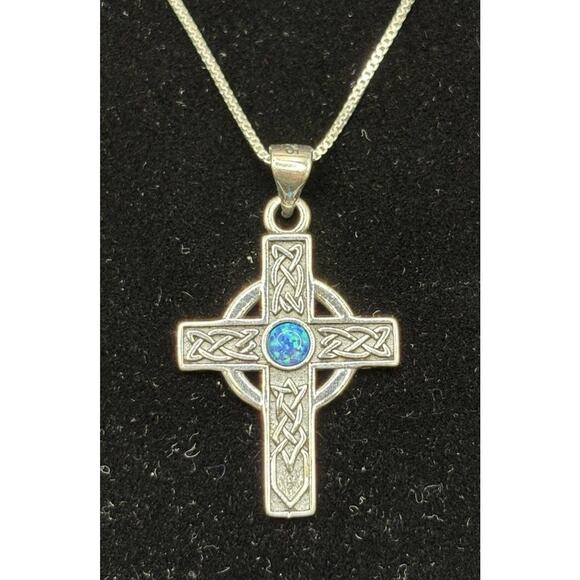 New Condition 18" Sterling Silver Lab Blue Opal Celtic Cross Necklace - Picture 1 of 9